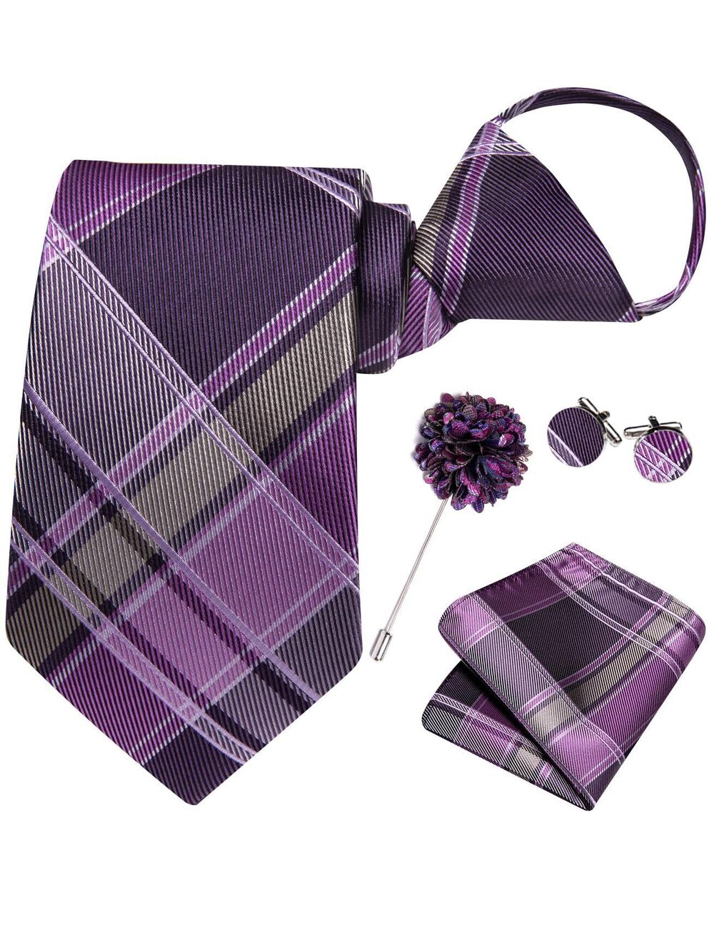 7305 Purple Grey Zipper Ties Plaid Adjustable Pre-Tied Necktie Lapel Pin